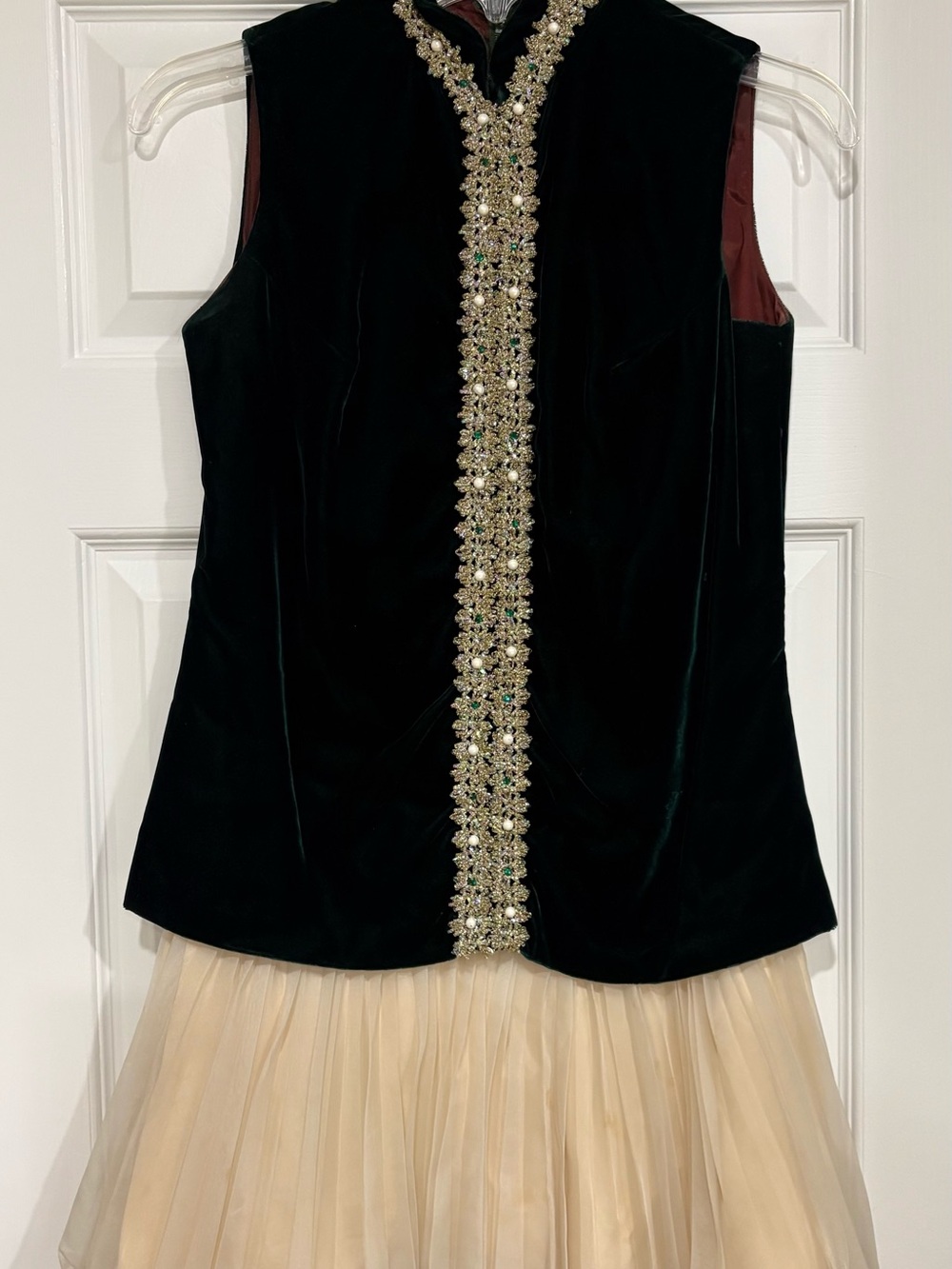 Embellished Green Velvet Party Dress with Ivory Tulle Skirt
